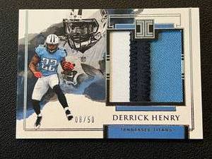 lot 56A image: Derrick Henry Relic 50 - 2018 Impeccable #18, tri-color patch numbered 0850, Rare Football Card
