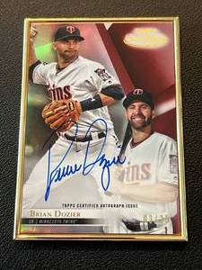 lot 59A image: Brian Dozier Auto 25 2018 Topps Gold Label Framed Autograph #FA-BD, numbered 0325, Minnesota Twins Baseball Card