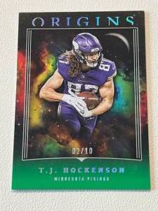 lot 61A image: T.J. Hockenson 10 SSP Tie Dye - 2023 Origins #33, numbered 210, Rare Minnesota Vikings Football Card