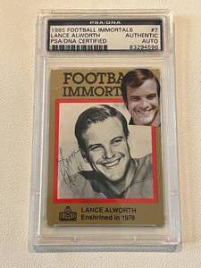lot 69A image: Lance Alworth  Auto PSADNA Certified 1985 Football Immortals #7 Football Card