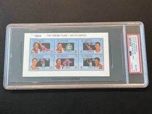 lot 73A image: Michael Jordan and 1992 Olympic Basketball Dream Team St. Vincent Medal Winners Stamps PSA Graded 6 EXMT - Barkley, Stockton, Mullin, Drexler, and Ewing - RARE