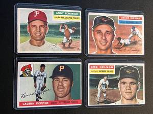 lot 67 image: 1956 Topps 4 Card Lot - #19, 147, 169, and 296 Vintage Cards