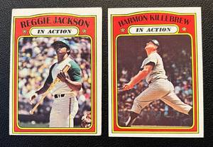 lot 87 image: 1972 Topps Reggie Jackson #436and Harmon Killebrew #52 In Action Vintage Minnesota Twins Baseball Cards
