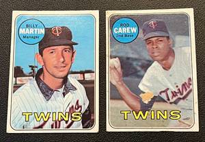 lot 91 image: 1969 Topps Rod Carew #510 and Billy Martin #547 2 Card Minnesota Twins Vintage Baseball Lot