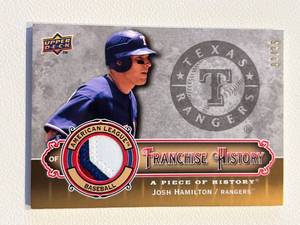 lot 111 image: Josh Hamilton 25 Tri-Colored Relic, numbered 0225, 2009 Upper Deck Franchise History #FH-JH Game-Used Baseball Card