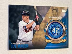 lot 112 image: Joe Mauer Jackie Robinson Logo Patch Card - 2017 Topps #JRCP-JM Minnesota Twins Baseball Card
