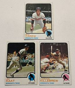 lot 126 image: Minnesota Twins 1973 Topps (3) Card Lot - #170 Killebrew, #530 Kaat, and #380 Carew Vintage Baseball