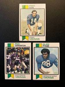 lot 180 image: Minnesota Vikings 1973 Tops 3 Card Lot - Fran Tarkenton, Alan Page, Fred Cox Vintage Football Cards