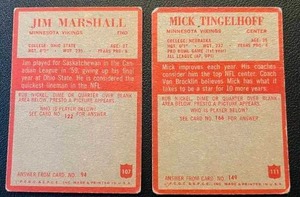 lot 183 image: Jim Marshall and Mick Tingelhoff 1965 Philadelphia Minnesota Vikings Vintage Football Cards
