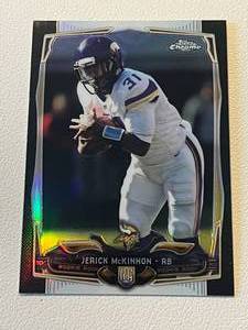 lot 194 image: Jerick McKinnon RC 299 Black Refractor 2014 Topps Chrome #160, numbered 231299, Rookie Minnesota Vikings Football Card