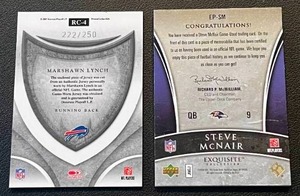 lot 205 image: Marshawn Lynch 250 and Steve McNair 30 Relics - Lynch 2007 Leaf Rookies and Stars Crusade #RC-4 numbered 222250 and McNair 2006 UD Exclusive Collection Exquisite Patch #EP-SM numbered 1030 Rare Football Cards