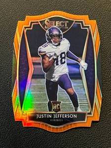 lot 206 image: Justin Jefferson Orange SP Die Cut RC 2020 Select #161 Premier Level Rookie Minnesota Vikings Football Card