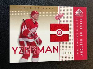 lot 284 image: Steve Yzerman 99 Game-Used Relic 2003 Upper Deck SP Game Used Piece of History  #PH-SY, numbered 7999 Rare Hockey Card