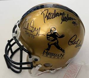 lot 4A image: Roger Staubach and Heisman Trophy Winners Signed Football Mini Helmet with Full JSA COA - Hopalong Cassady, Archie Griffin, Pat Sullivan, and Rashaan Salaam