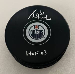 lot 48B image: Grant Fuhr Signed Hockey Puck Inscribed HOF 03 with Dave & Adams COA
