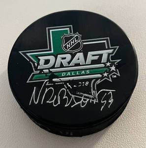lot 66B image: Noah Dobson Signed 2018 NHL Draft Hockey Puck with Dave & Adams COA