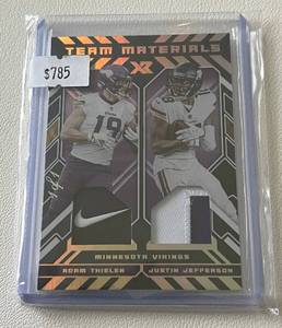 lot 2 image: Justin Jefferson  Adam Thielen 1 OF 1 Dual Relic - 2021 Xr Football Team Materials #TM-TJ - ONLY ONE IN EXISTENCE - Minnesota Vikings Football Card