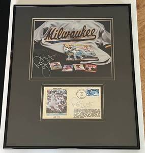 lot 18A image: Robin Yount Dual Signed, Framed and Matted 14x17 Piece - Includes Auto and Stamped 3,000 Hits Card and Auto 8x10 Photo - Baseball