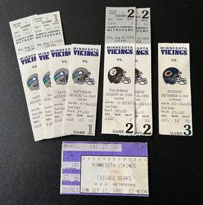 lot 136A image: Minnesota Vikings 1993 Season Ticket Stubs (8 total) - Football