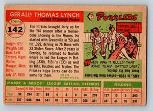 lot 346 image: 1955 Topps Jerry Lynch #142 Vintage Baseball Card