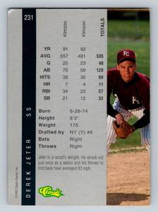 lot 354 image: Derek Jeter RC 1992 Classic #231 Rookie Baseball Card