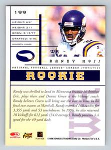 lot 358 image: Randy Moss RC 1998 Leaf Rookies & Stars #199 Rookie Minnesota Vikings Football Card