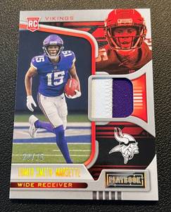 lot 380 image: Ihmir Smith-Marsette RC 2 Color Patch 25 - 2021 Playbook #RMA-ISM, numbered 2025, Rookie Minnesota Vikings Football Card