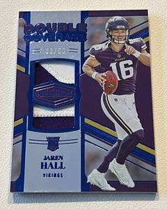 lot 382 image: Jaren Hall RC Dual Relic Patch 50 - 2023 Plates and Patched #16 Rookie, numbered 0650, Minnesota Vikings Football Card