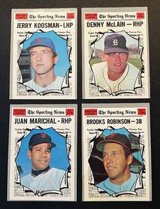 lot 387 image: 1970 Topps Baseball 4 Card All-Star Lot - The Sporting News #455, 466, 467, 468 Brooks Robinson, Juan Marichal, Jerry Koosman Vintage Cards