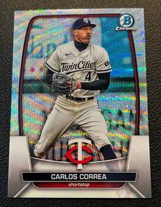 lot 388 image: Carlos Correa 100 Wave Refractor 2023 Bowman Chrome #85, numbered 087100 Minnesota Twins Baseball Card