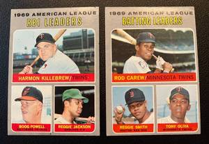 lot 390 image: Rod Carew and Harmon Killebrew 1970 Topps Baseball #62 and 64 Leaders Cards with Reggie Jackson, Tony Oliva