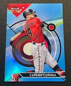 lot 391 image: Carlos Correa 300 Blue Refractor 2023 Topps Finest #7, numbered 81300, Minnesota Twins Baseball Card