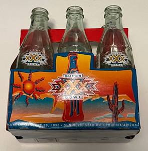 lot 204A image: Super Bowl XXX 1996 Coca-Cola 6 Pack Bottles and Holder - Football