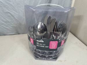 New 20 Piece Silverware Set with Chrome Caddy