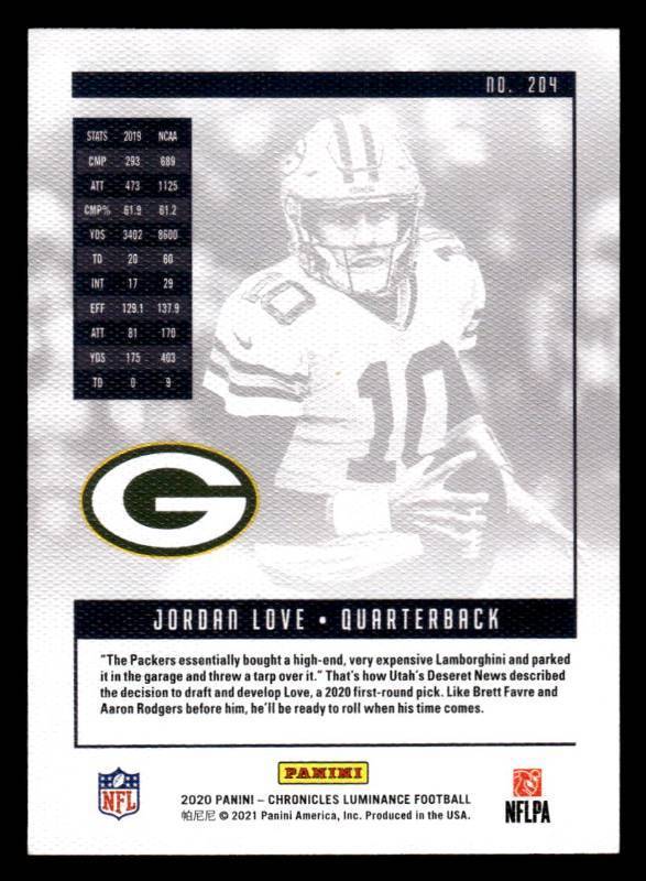 2020 Luminance Jordan Love Rookie Card #204