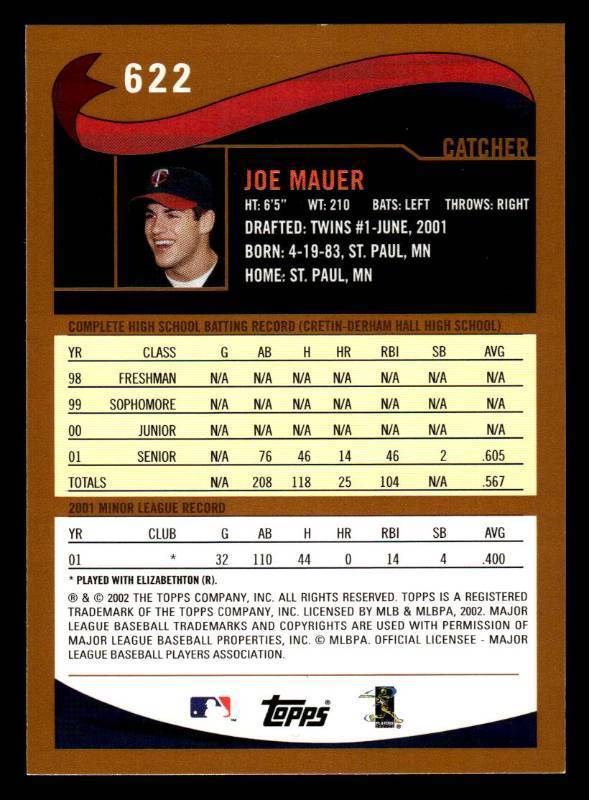 2002 Topps Joe Mauer Rookie Card #622