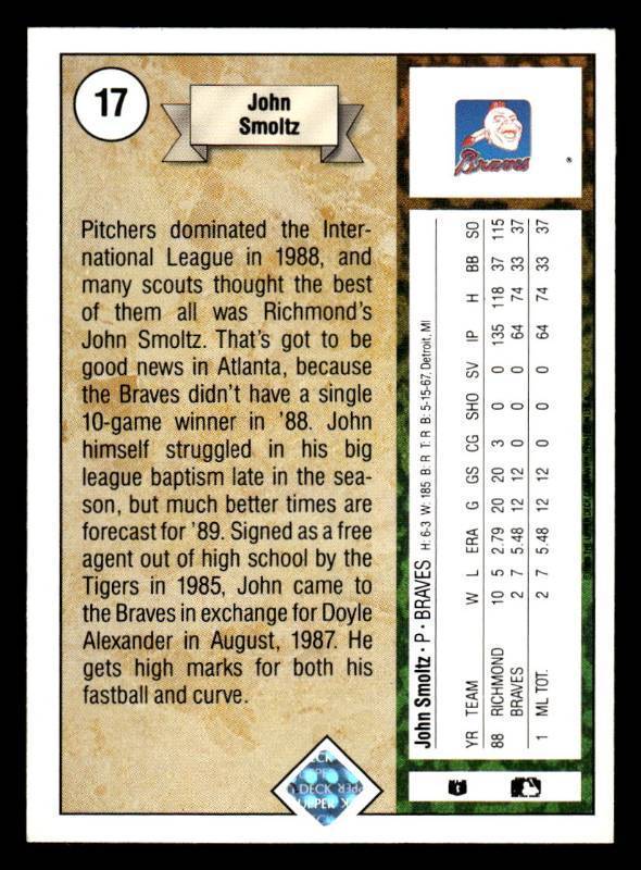 1989 Upper Deck John Smoltz Rookie Card #17