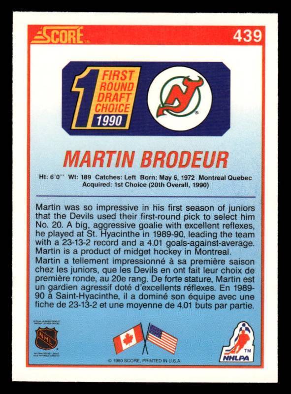 1990 Score Martin Brodeur Rookie Card #439