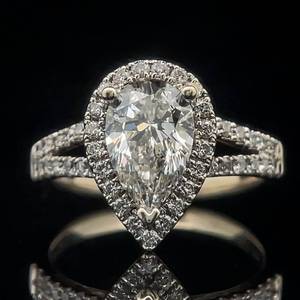 lot 8 image: 2.03 Carat Diamond Pear Solitaire & Diamond Halo Split Shank Vintage Style Ring in 14k White Gold w IGI Report $6,300 Retail VIDEO