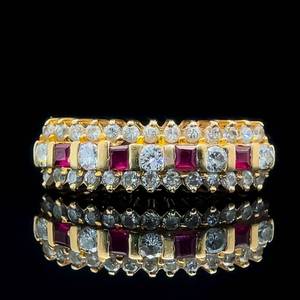 lot 27 image: Square Natural Ruby & Diamond 3-Row Channel Bar Cluster Ring in 14k Yellow Gold $2,540 Retail