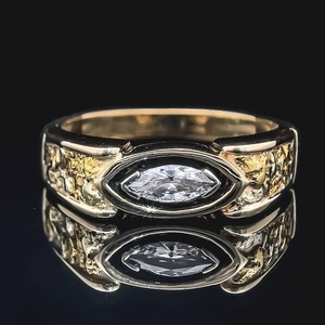 lot 40B image: Custom 0.75 Carat Diamond Ring East-West Marquise Bezel Engraved Ring in 14k Yellow Gold $3,999 Retail