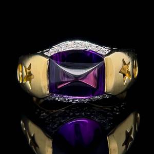 lot 45B image: Contemporary Ring w. Purple Amethyst & Diamond Pave Open Moon, Stars & Hearts in 14k Yellow Gold $2,050 Retail