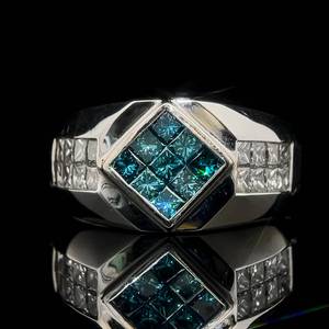 lot 48B image: Mens 2.25 Carat Princess Fancy Blue & White Diamond Square Top Beveled Channel Ring in 18k White Gold $6,350 Retail VIDEO