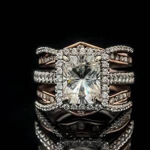 lot 46B image: Radiant Cut Moissanite Solitaire & Natural Diamond Halo Multi-Row Ring in 14k Two-Tone Gold $2,700 Retail VIDEO