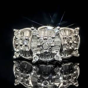 lot 54B image: 1.00 Carat Diamond Round & Baguette, Brilliant Three-Stone Style Cluster Ring in 14k White Gold $2,725 Retail