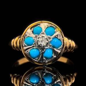 lot 62B image: Vintage Diamond & Bright Turquoise Pinwheel Style Ring w. Scallop Shape Sides in Gold $1,250 Retail