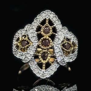 lot 63B image: Eye Catching Fancy Chocolate & White Diamond Filigree Ring in Yellow Gold $2,250 Retail