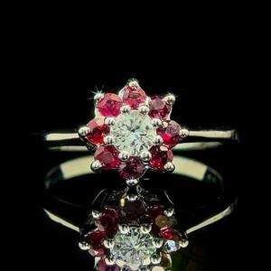 lot 64B image: 0.25 Carat Natural Ruby & Diamond Petite Cluster Ring in 14k White Gold $1,975 Retail