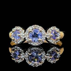 lot 65 image: Natural Tanzanite 3-Stone Halo Past, Present & Future Ring in 14k Yellow Gold $1,749 Retail