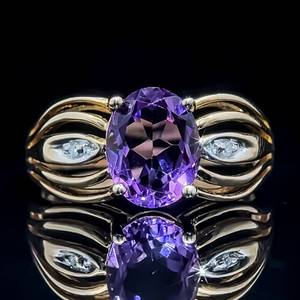 lot 65B image: Artistic Oval Natural Amethyst Ring w. Diamond Accents in 14k Yellow Gold $1,299 Retail